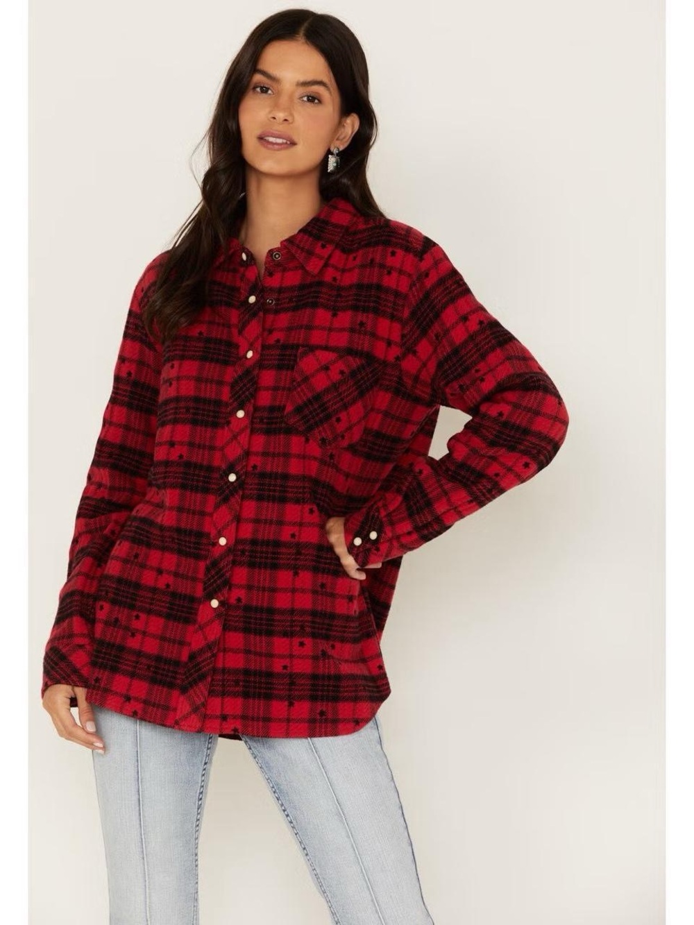 IDYLLWIND TIRA PLAID STAR PRINT FLANNEL PEARL SNAP SHIRT JACKET SHACKET L